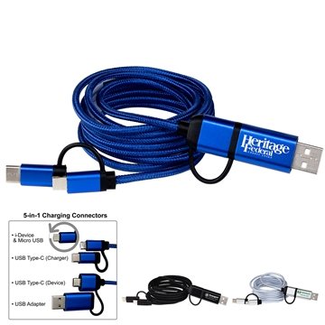 Oslo 5-in-1 Braided 6 Ft. Long Charging Cable - Multi-Device Compatible & USB-C