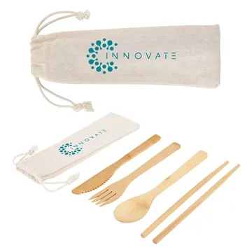 Bamboo Cutlery Set In Cotton Drawstring Pouch - Reusable