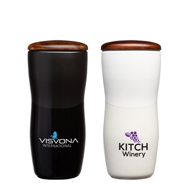 Tarrazu 12 oz Double Wall Ceramic Tumbler w/ Wood Lid - Microwave Safe & BPA Free