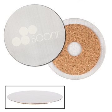 Stainless Steel Round Beverage Coaster - Brushed Finish & Cork Grip