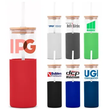 Image of 150 Customized 18 oz Bamboo Lid Glass Bottle Silicone Sleeve - ...