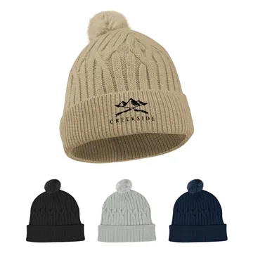 48 Promotional Courtney Cable Knit rPET Pom Beanie - Recycled ...