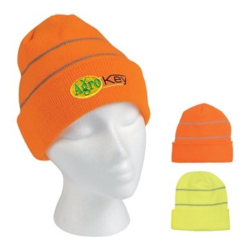 Knit Cuff Beanie With Reflective Stripes - Acrylic
