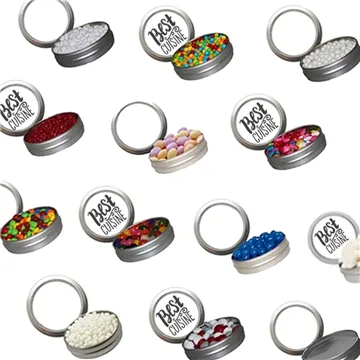 Image of 100 Promotional Candy Window Tin Short Round