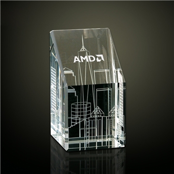Optical Crystal 3D Skyline Paperweight 4 in - Sandblasted