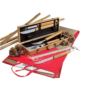 Image of 3 Customized Cleveland 5-Piece Bamboo BBQ Set - Stainless Steel