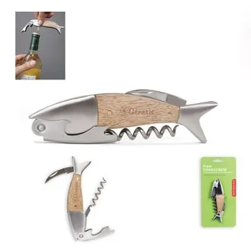 Image of 50 Promotional Kikkerland Fish Corkscrew - Stainless Steel & Oak