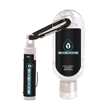 1.9 oz Clear Sanitizer with Carabiner attached to SPF 15 Lip Balm - FDA Registered