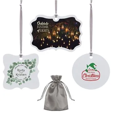 Image of 100 Custom Metal Ornament - Aluminum & Satin Pouch