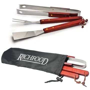 Image of 50 Customized 3 PC BBQ Tool Set - Professional Steel & Wood Handle