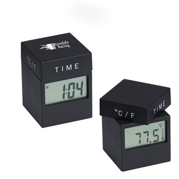 MoMA 4-in-1 Black Twist Clock w/ Date, Time, Alarm, Temperature, Battery - Designer & Multi-function