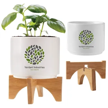 Ceramic Planter Set - Bamboo Stand & Seed Kit