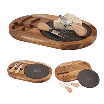 Image of 6 Custom Bon Appetit Slate Cheese Set - Acacia Wood