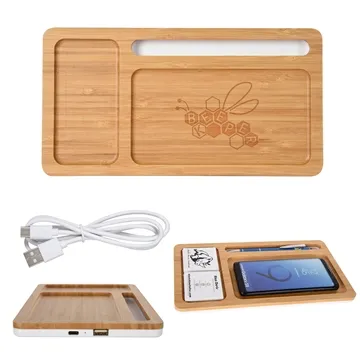 Image of 13 Promotional Bamboo Wireless Charging Pad Desktop Organizer - Qi ...