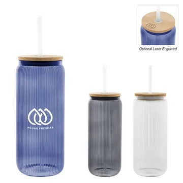48 Promotional 20 Oz. Ribbed Borosilicate Glass Can With Bamboo ...