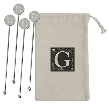 Image of 50 Custom Stainless Steel Cocktail Stirrers Set - Cotton Pouch