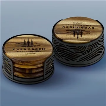 Image of 12 Customized Acacia Wood Coaster: 4 Piece Round Set with Black ...