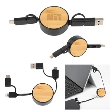 Image of 25 Custom Bamboo Retractable 3-In-1 Charging Cable - 30-Inch