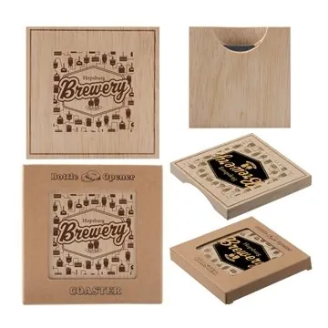 Image of 100 Promotional Wood Bottle Opener Coaster - Rubber Wood & ...