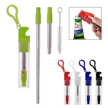Image of 100 Promotional Straw Kit With Bottle Opener - Stainless Steel & ...