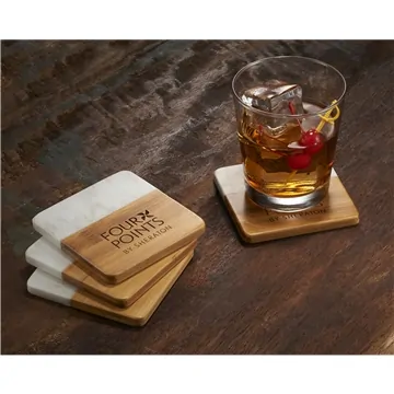 Image of 40 Promotional Marble and Bamboo Coaster Set - 4-Piece & Unique ...