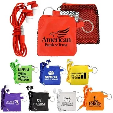 150 Customized Sporty Pouch & Colorful Ear Buds - Mesh Travel
