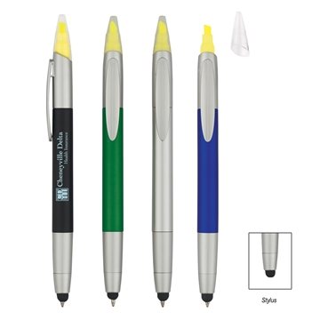 3-In-1 Pen With Highlighter and Stylus - Twist Action & Yellow Chisel Tip