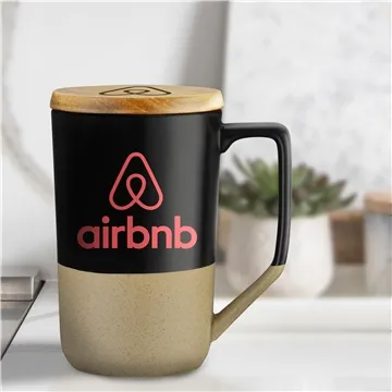Image of 48 Custom 15 oz Two-Tone Ceramic Mug w/Wood Lid - Speckled Base & ...