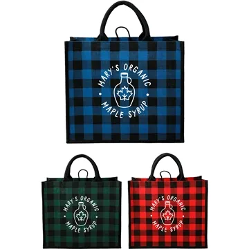 Image of 100 Promotional Buffalo Plaid Printed Jute Tote