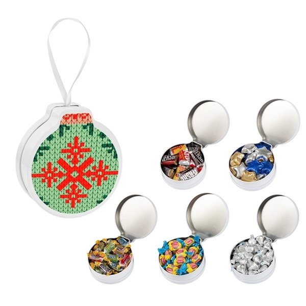 Full Color Ornament Tin With Candy - Hanging Ribbon