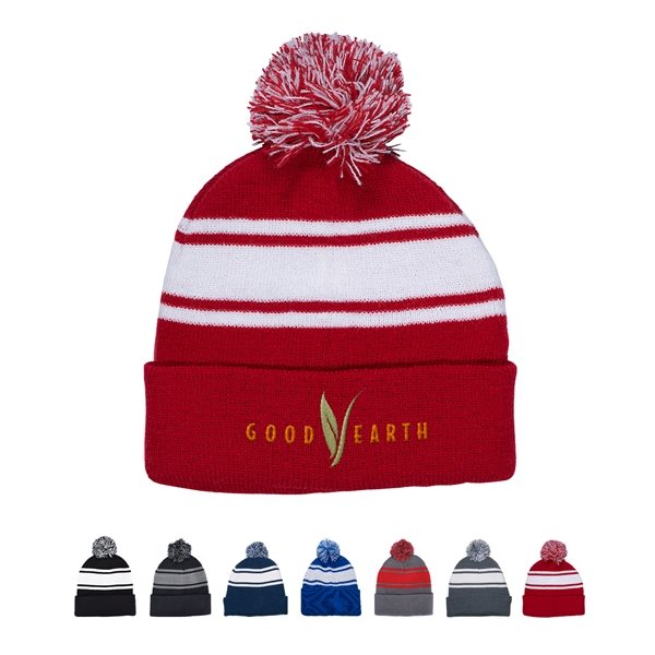 Knit Beanie With Pom Pom - Acrylic Rib