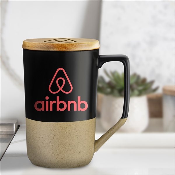15 oz Two-Tone Ceramic Mug w/Wood Lid