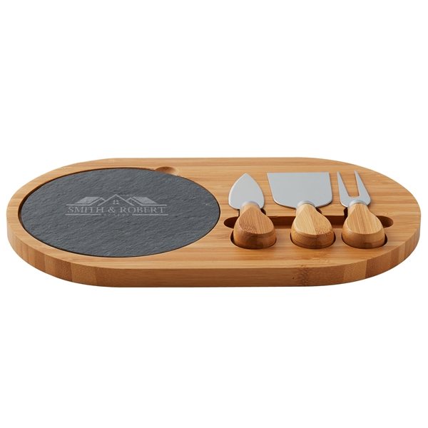 4-Piece Oval Slate Cheese Board Set - Bamboo &amp; FDA Compliant