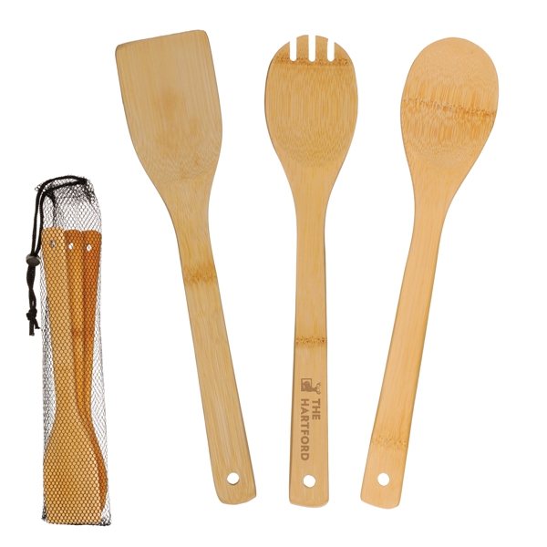 3 Piece Bamboo Cooking Utensil Set - Net Bag