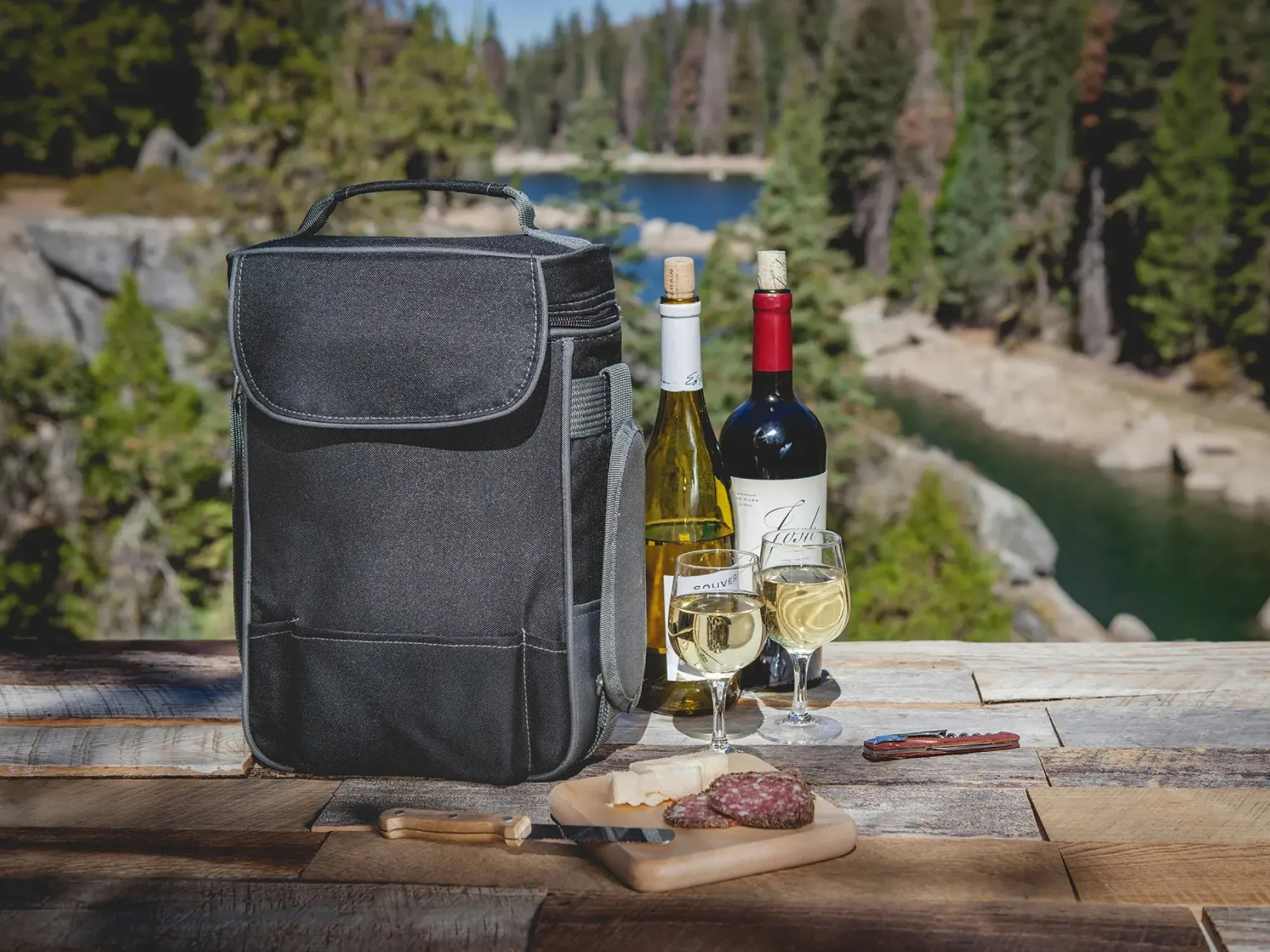 Insulated wine bottle carrier on an outdoor patio table