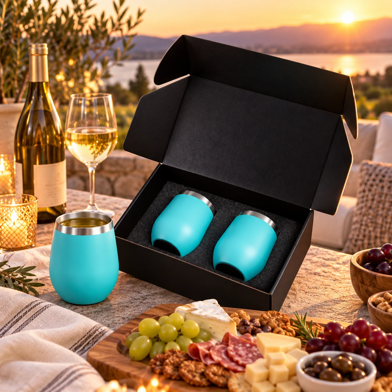 Two matte wine tumblers on a dark bar counter