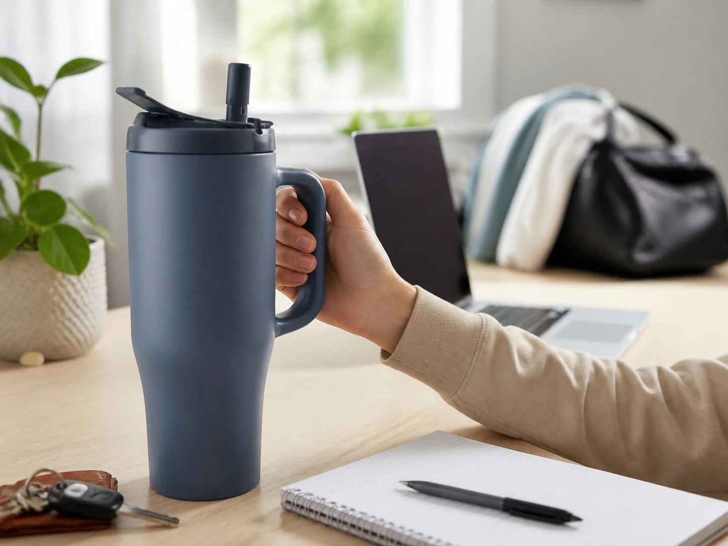 40 Oz. BrüMate Era Flip tumbler in a modern workday lifestyle scene