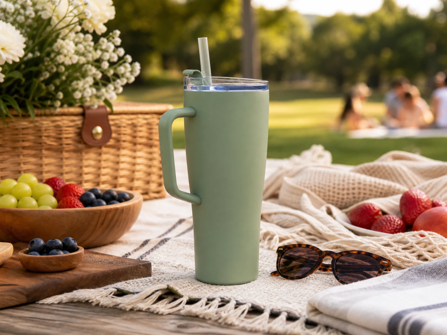 35 Oz. BrüMate NAV tumbler in an outdoor picnic lifestyle scene