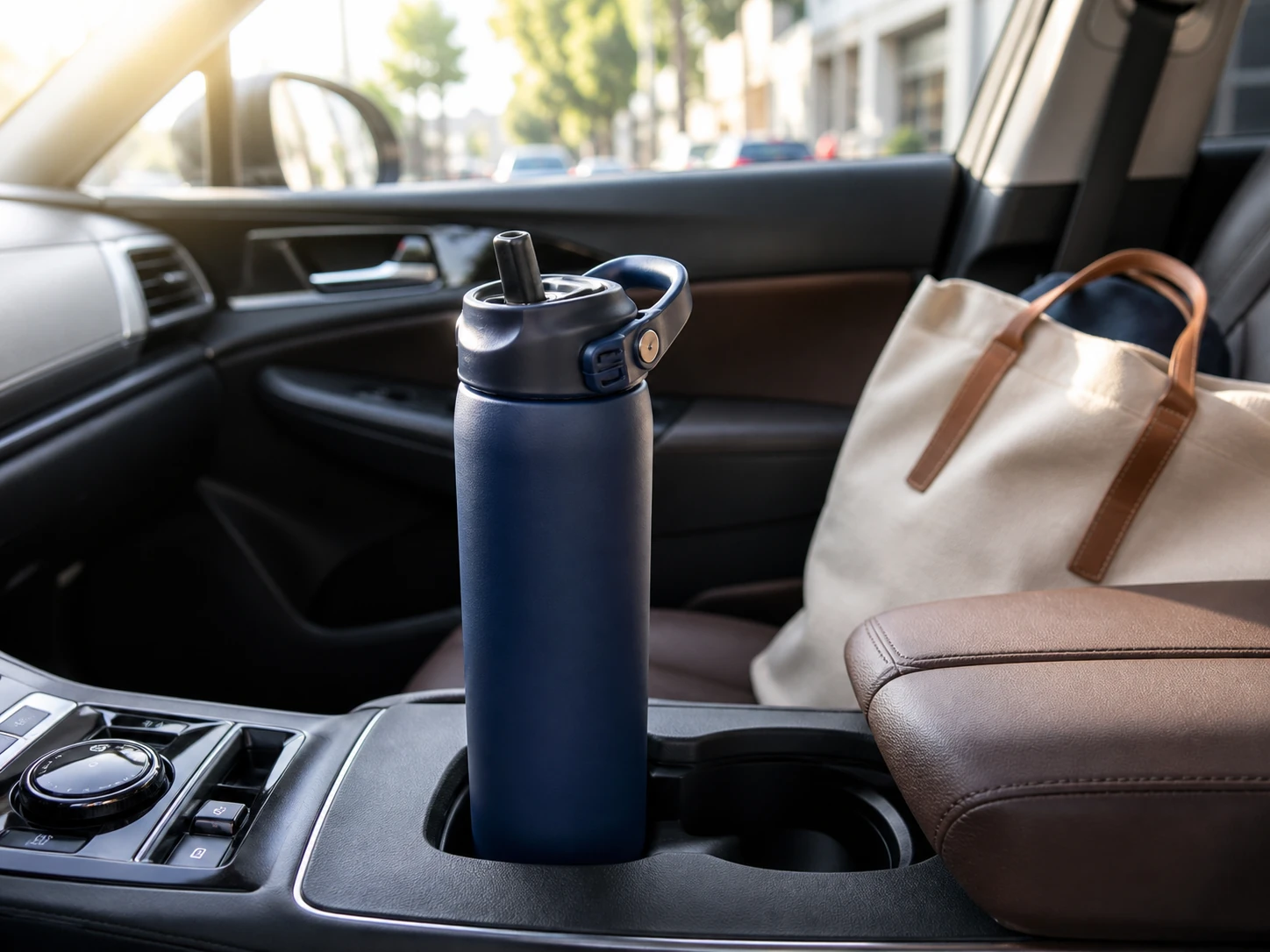 25 Oz. BrüMate Rise bottle in a morning commute lifestyle scene