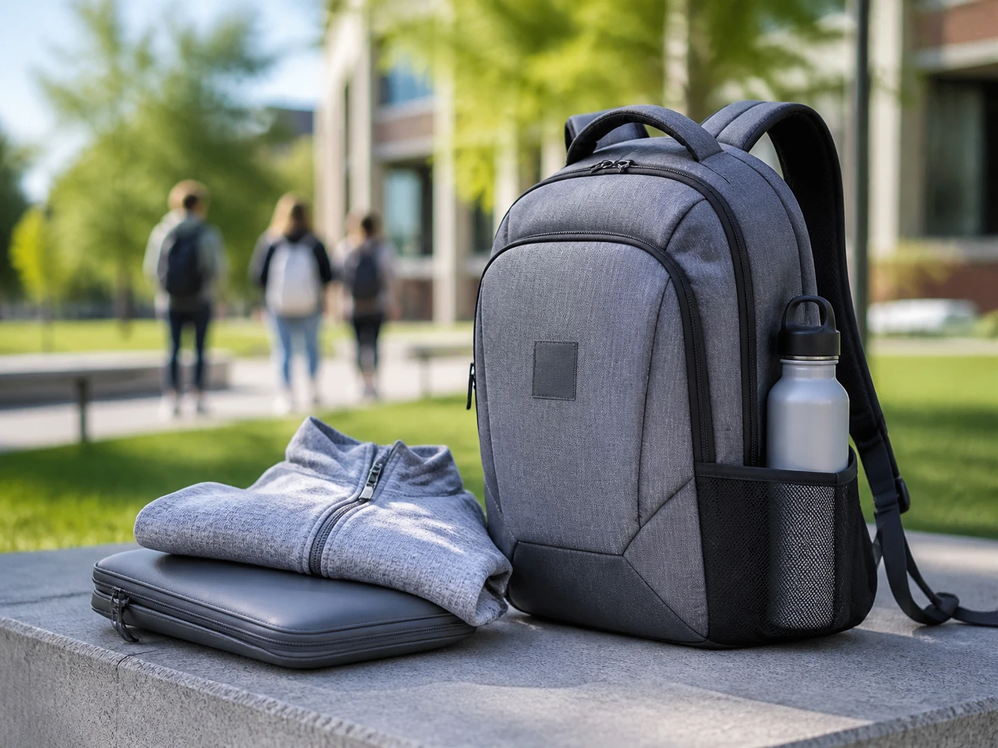 Gray athletic backpack on a campus bench