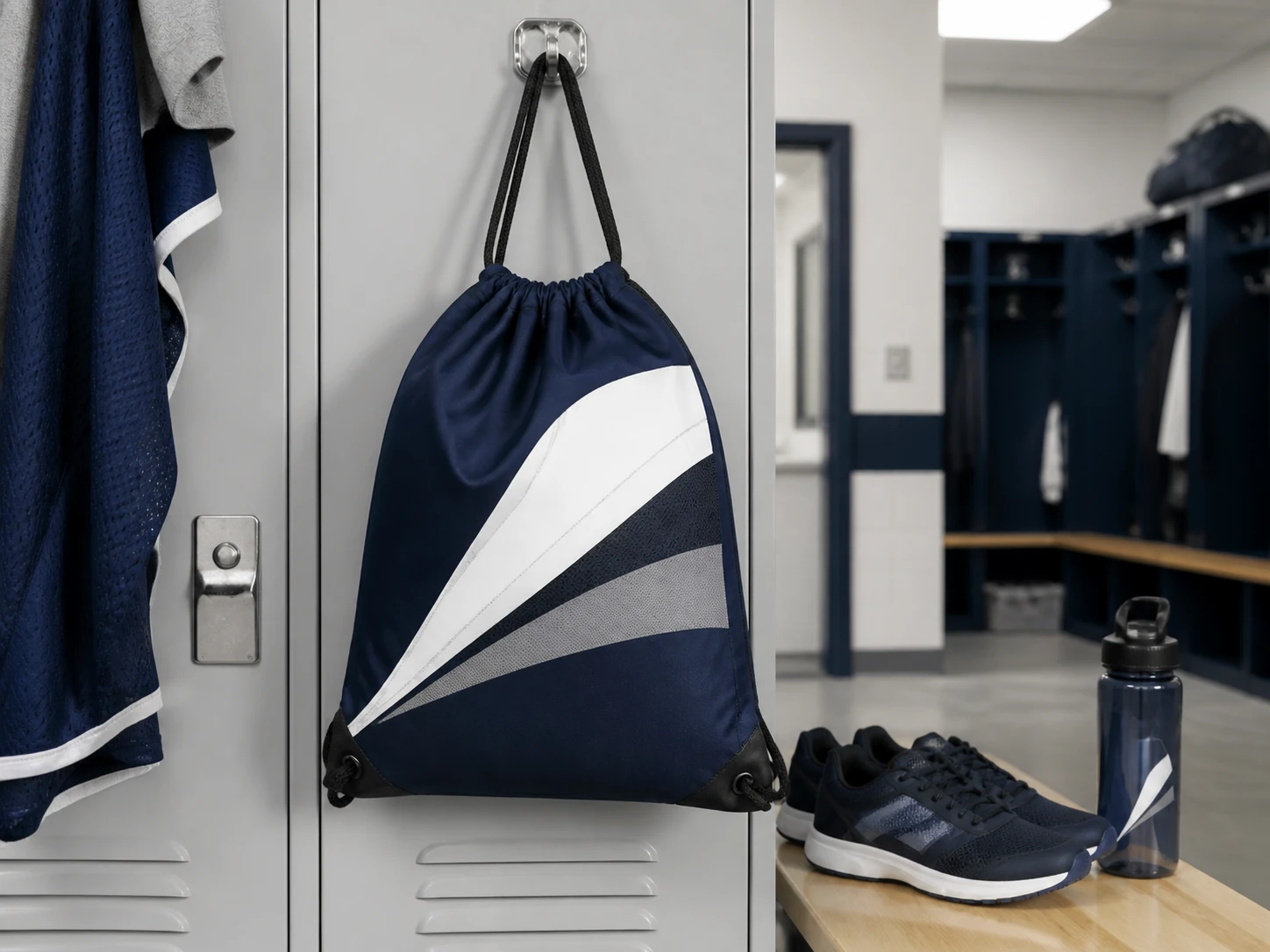 Navy athletic cinch bag in a locker room