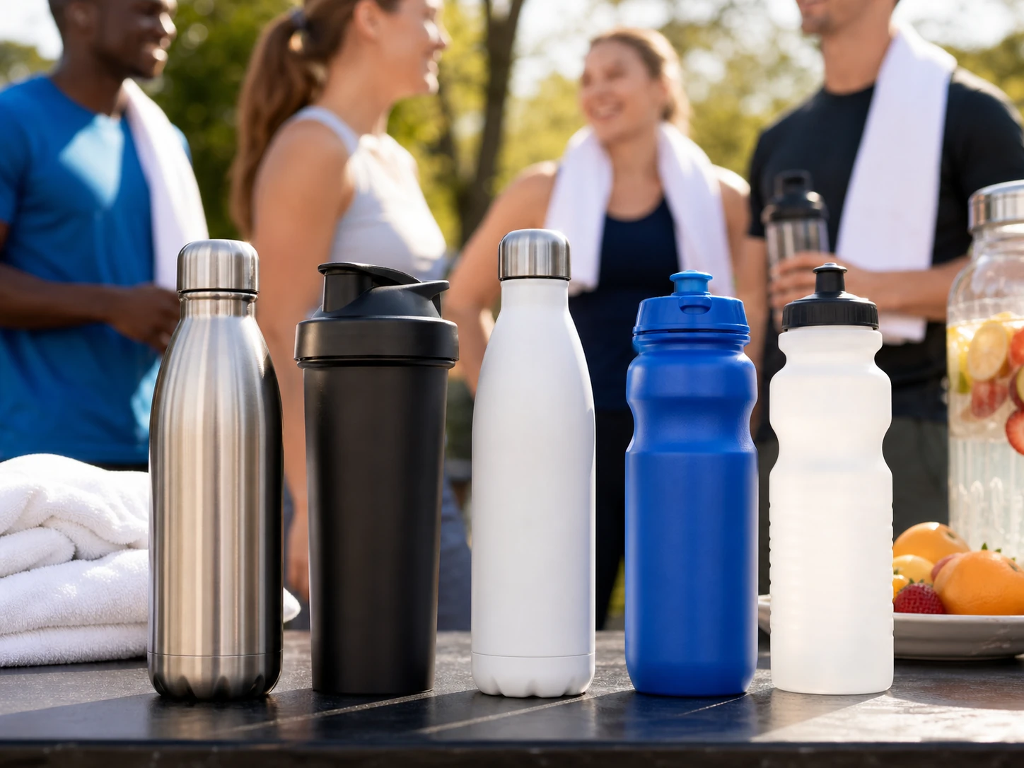Athletic drinkware bottles on a hydration station table