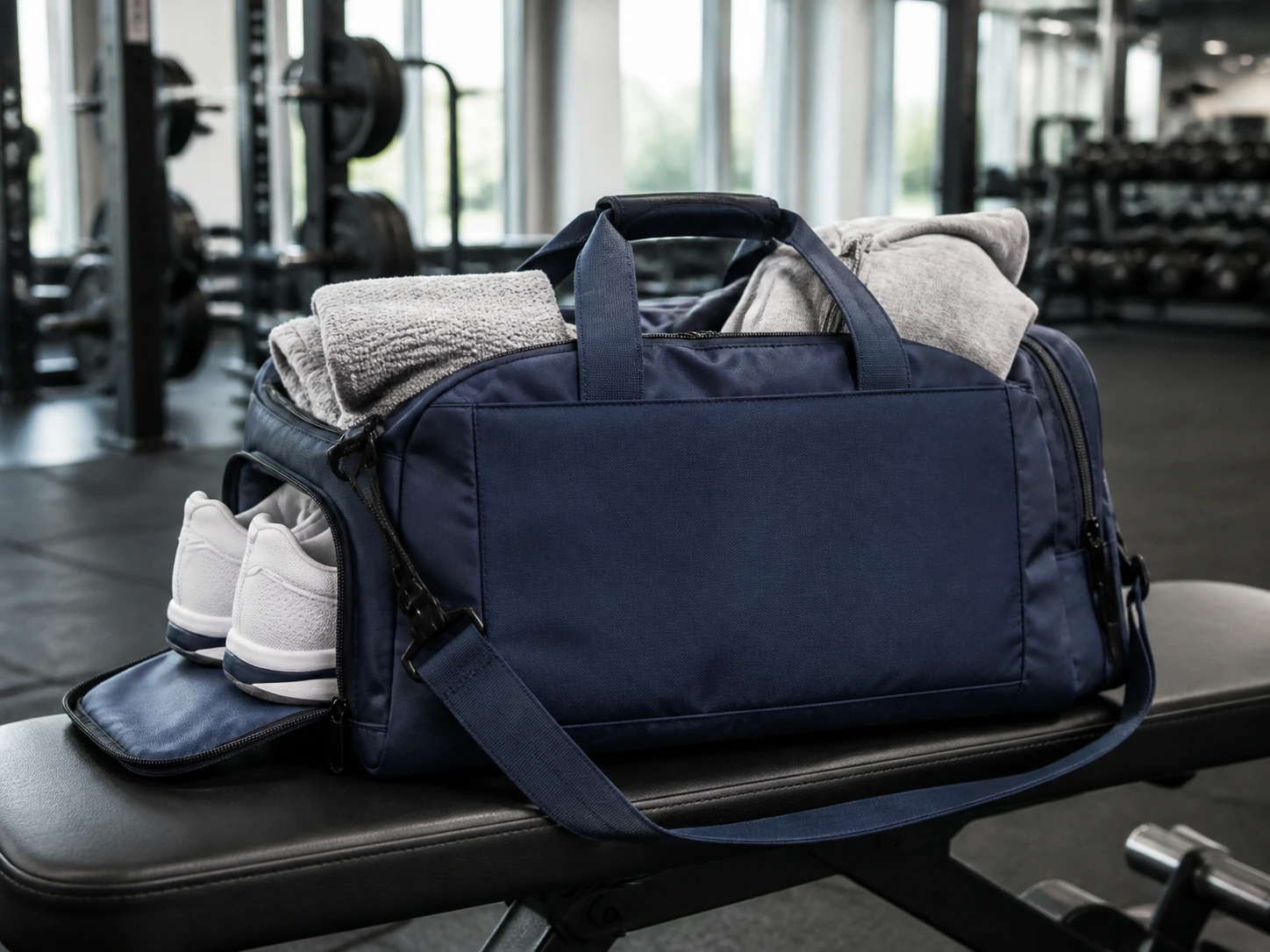 Navy athletic duffel bag packed for the gym