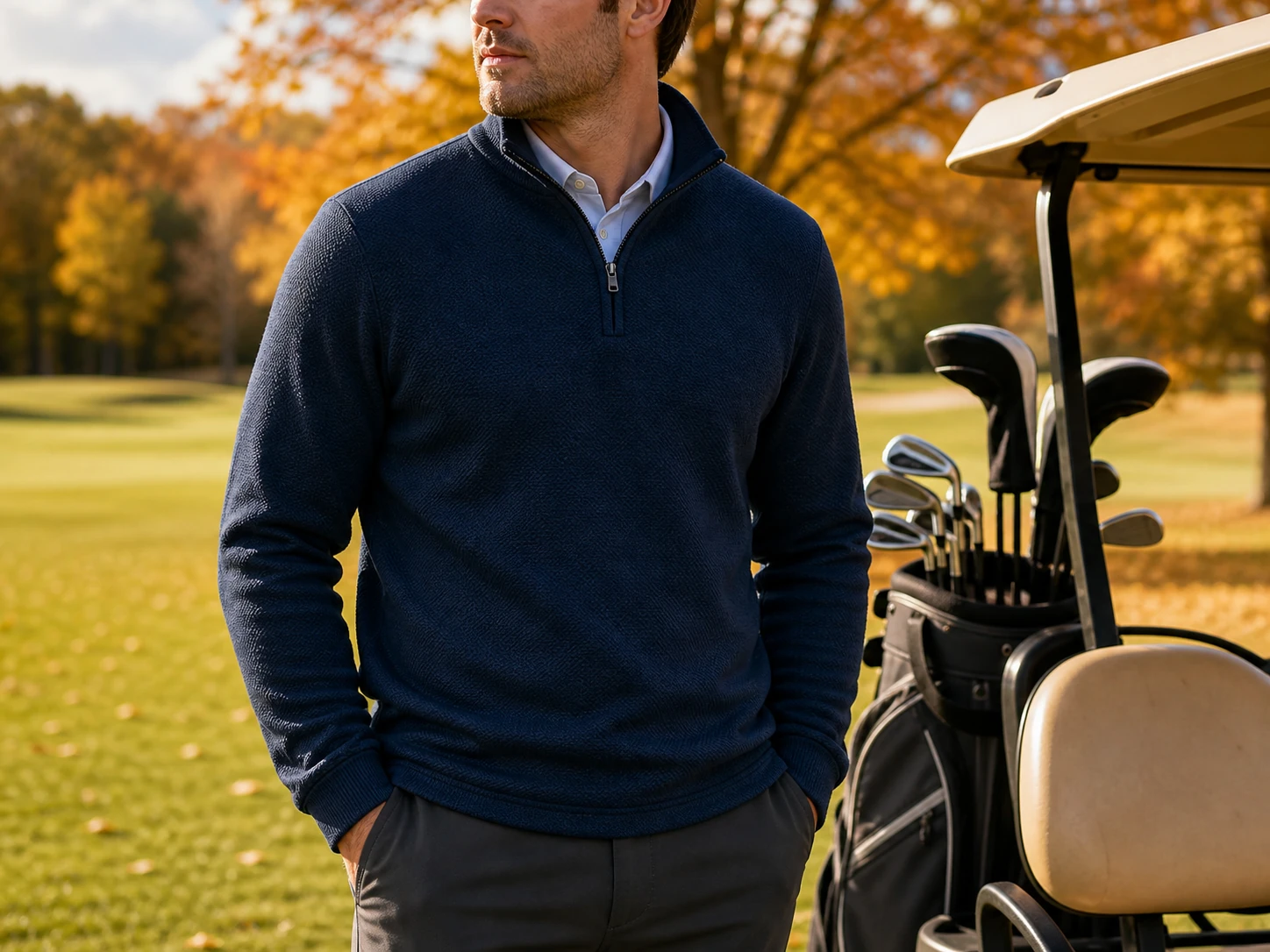 Men's ottoman fleece pullover on a golf course