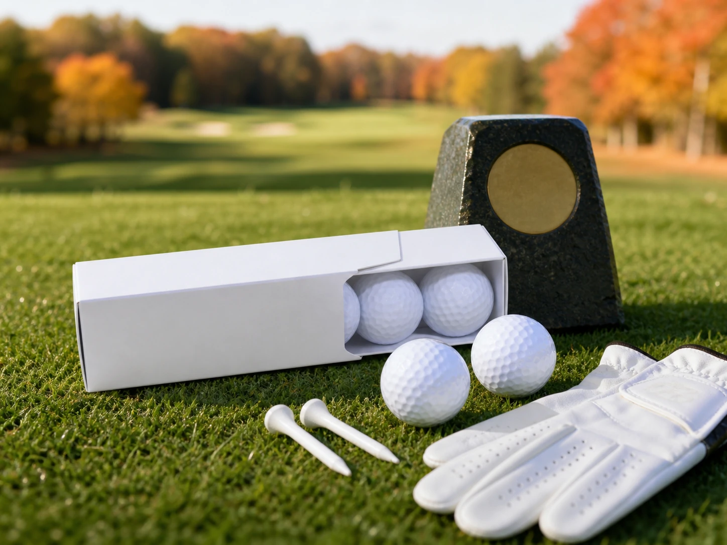 Three pack of golf balls with glove and tees on grass