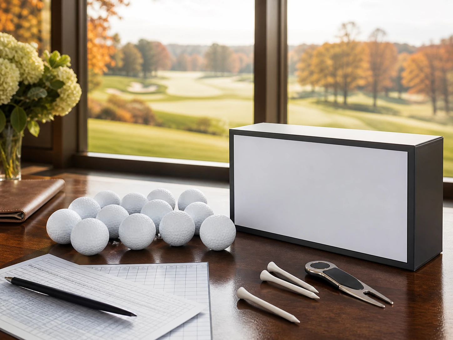 Dozen golf balls and box on a clubhouse table