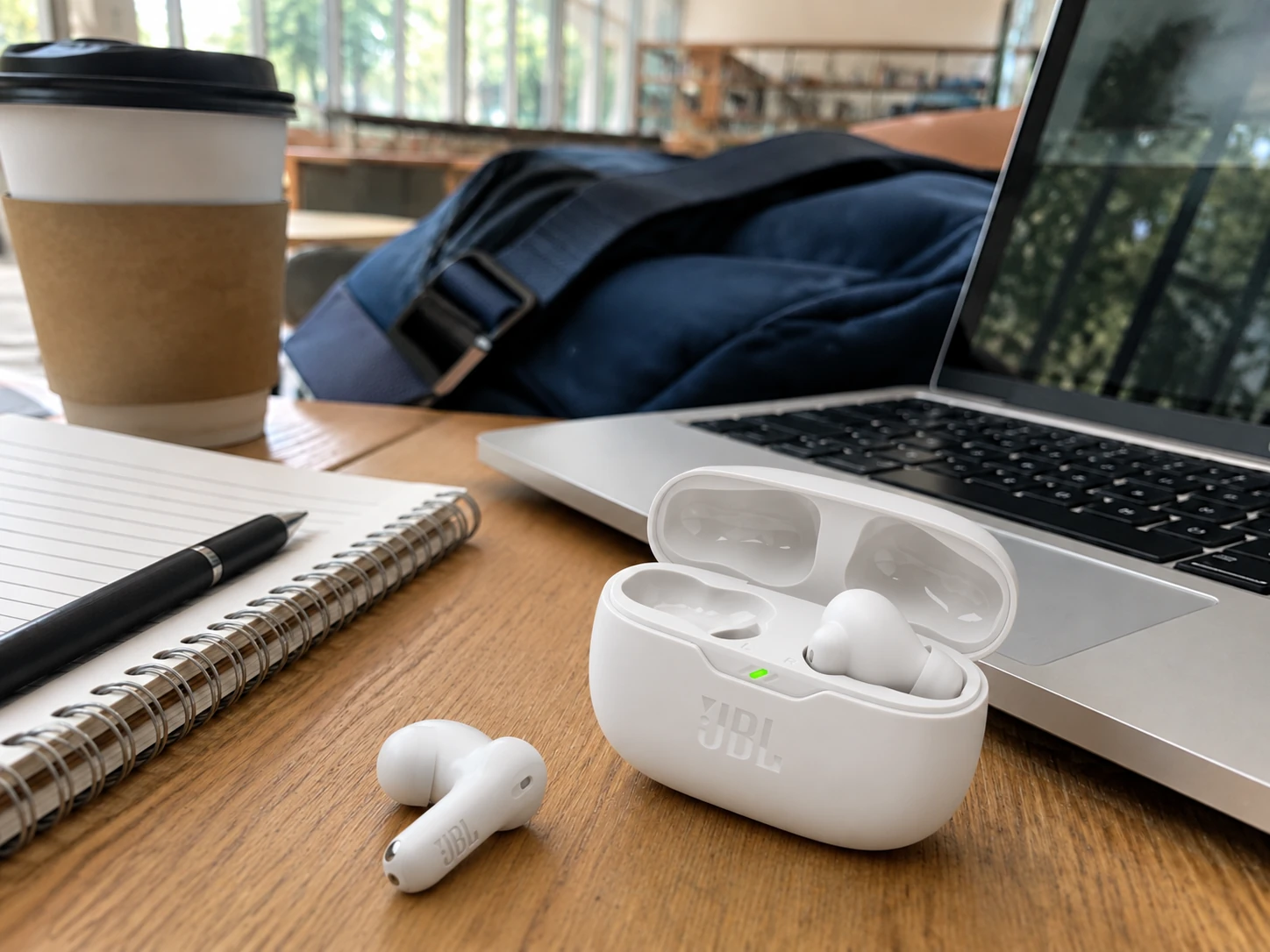 True wireless earbuds on a student study desk