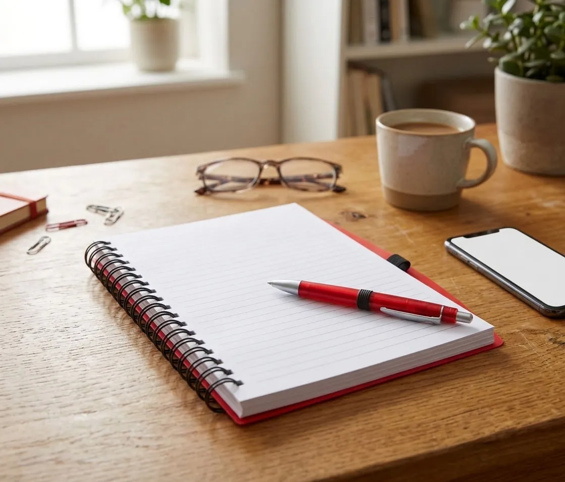 Hardcover notebook and pen set on a back-to-school orientation table