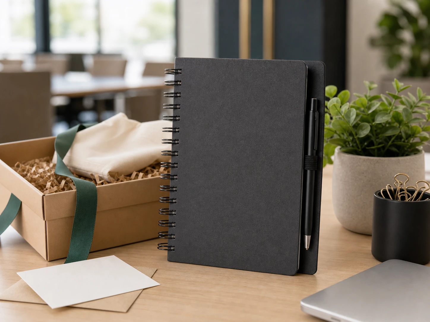 Recycled hardcover spiral notebook and pen presented as a staff appreciation gift