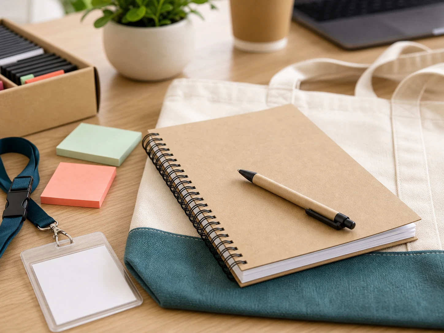 Eco-inspired spiral notebook and pen set in an educational workshop kit